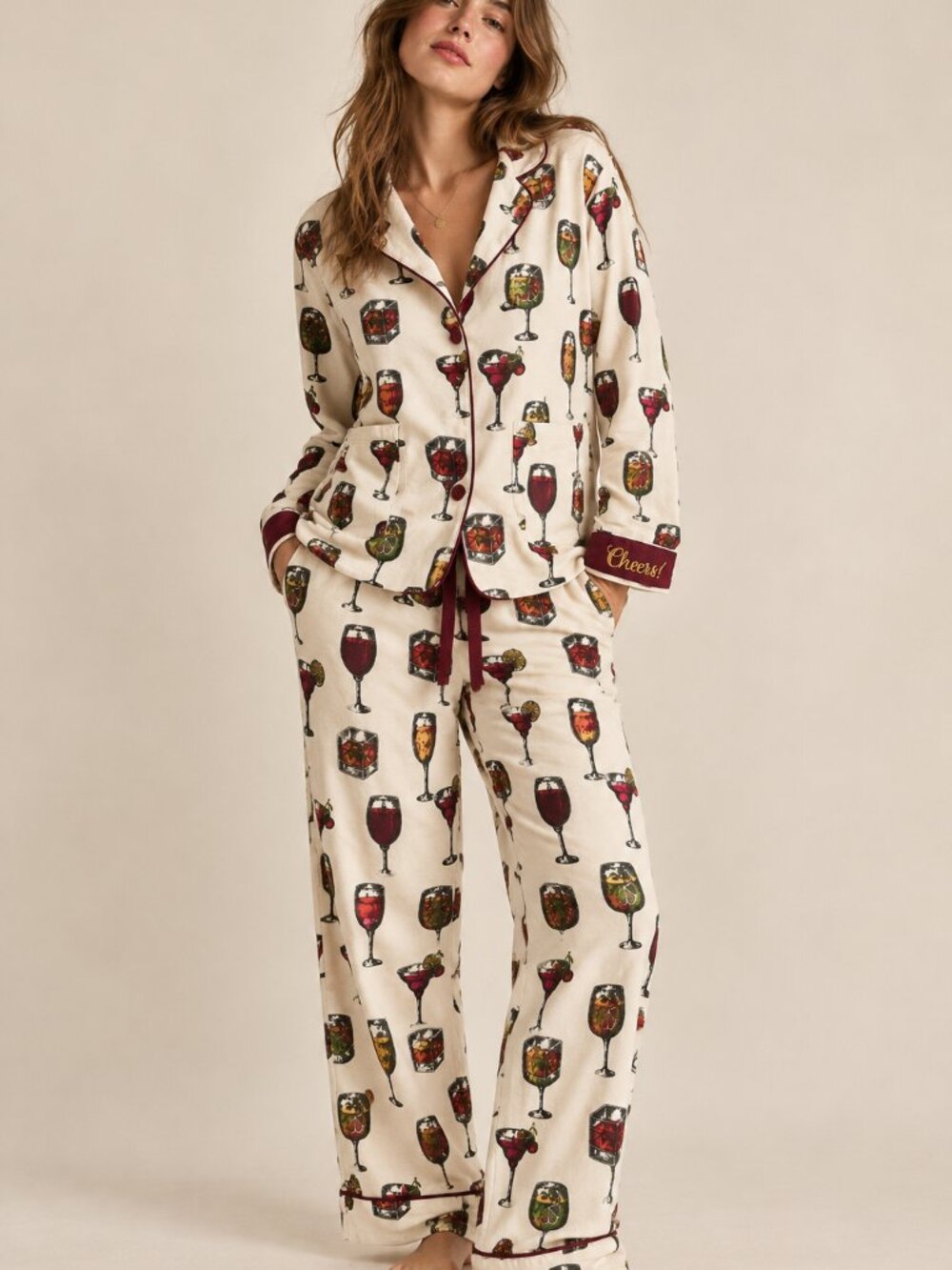 PJ Salvage Cocktail Novelty Print Cheers Flannel Pajama Set 100% Cotton M NWT
